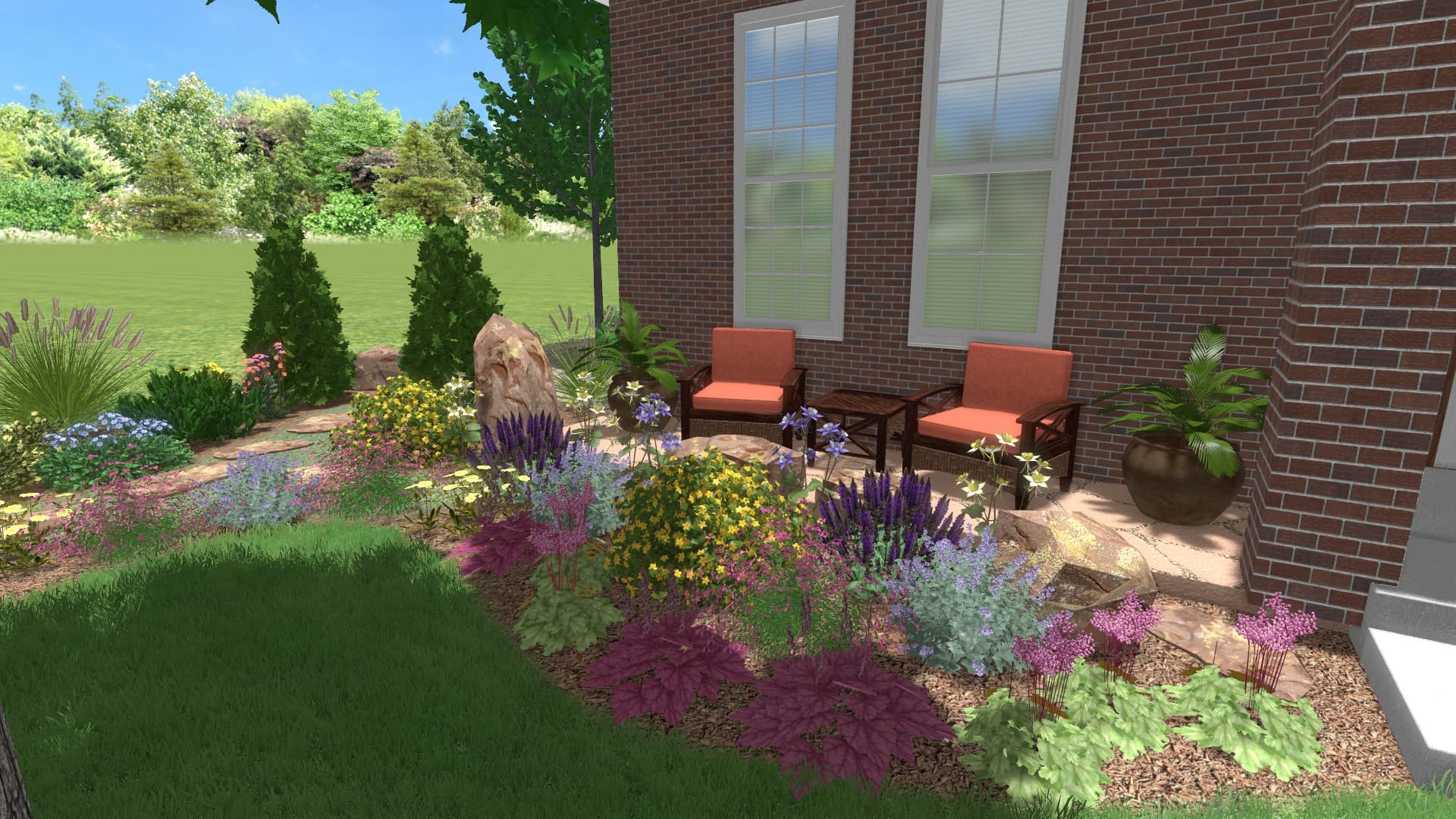 A 3D render of the same house's front patio with a planted bed and orange chairs