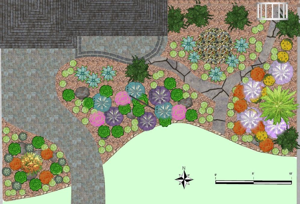 A scale landscape design plan showing the placement of plants and hardscapes