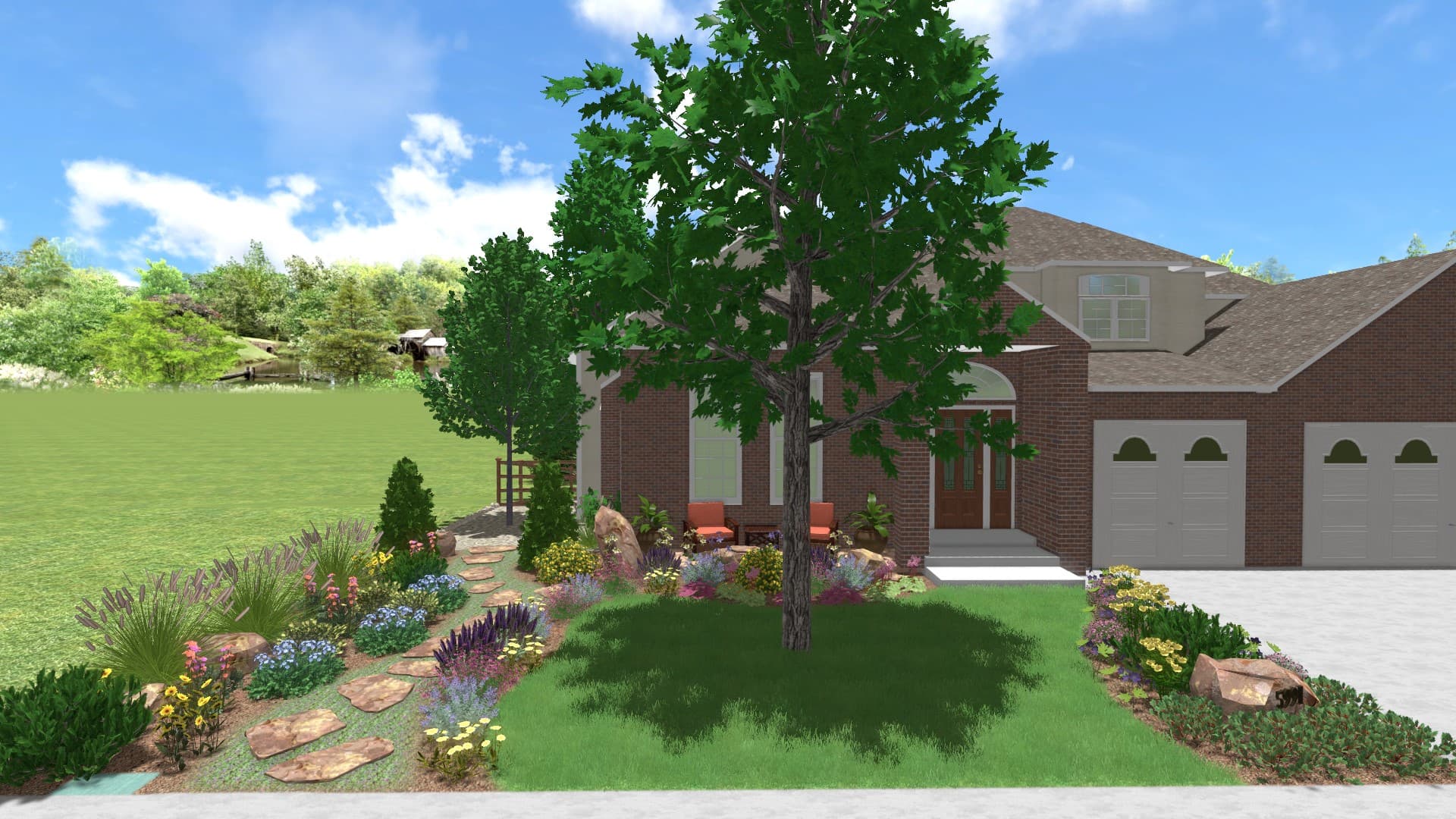 A 3D render of the same brick house with the lawn replaced by planted beds, rock and mulch